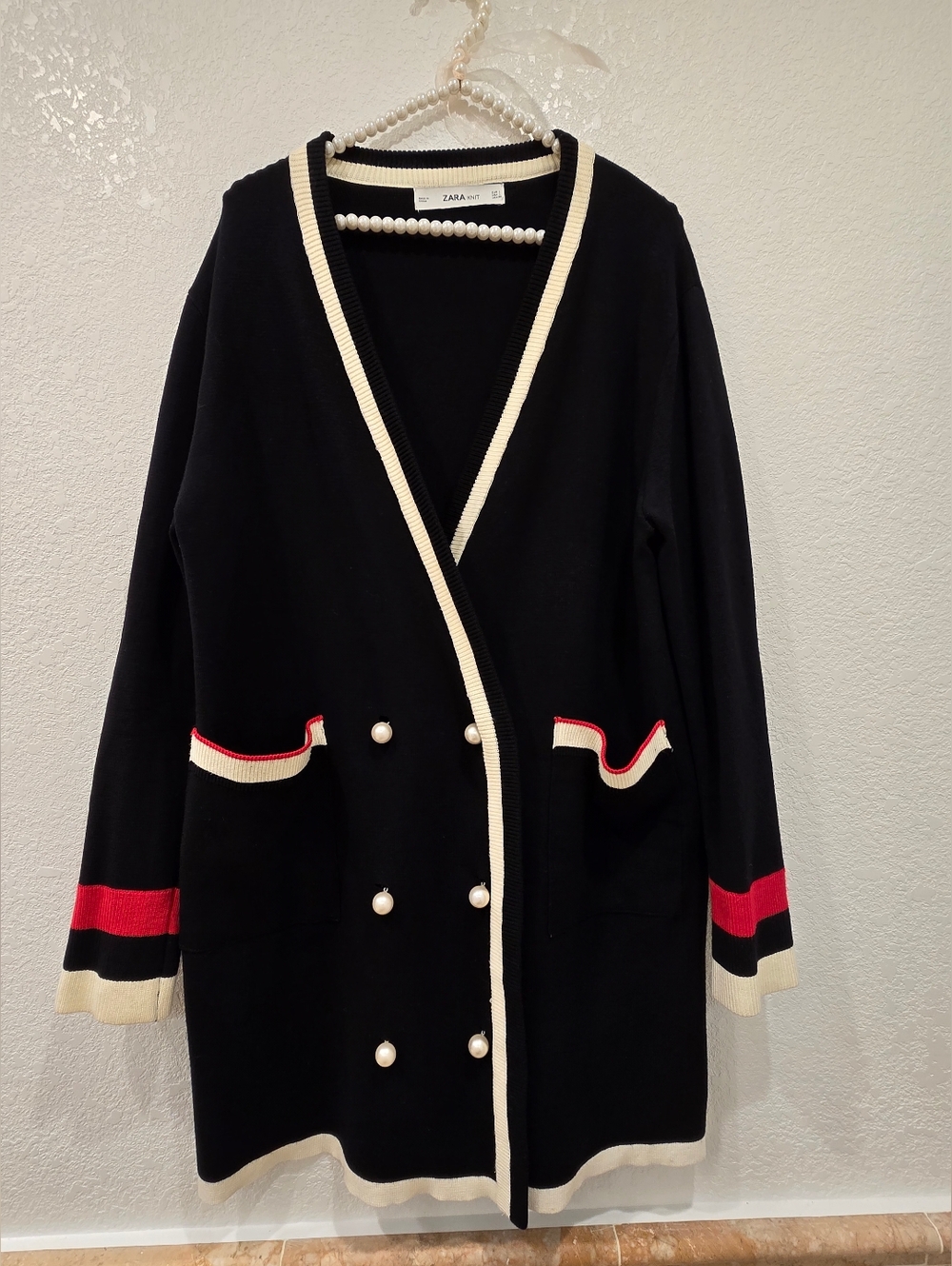 Zara Knit Long Cardigan Jacket Flare Pants Set Pearl Buttons Black L - Picture 5 of 16